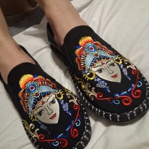Embroidered Black Slip-On Shoes